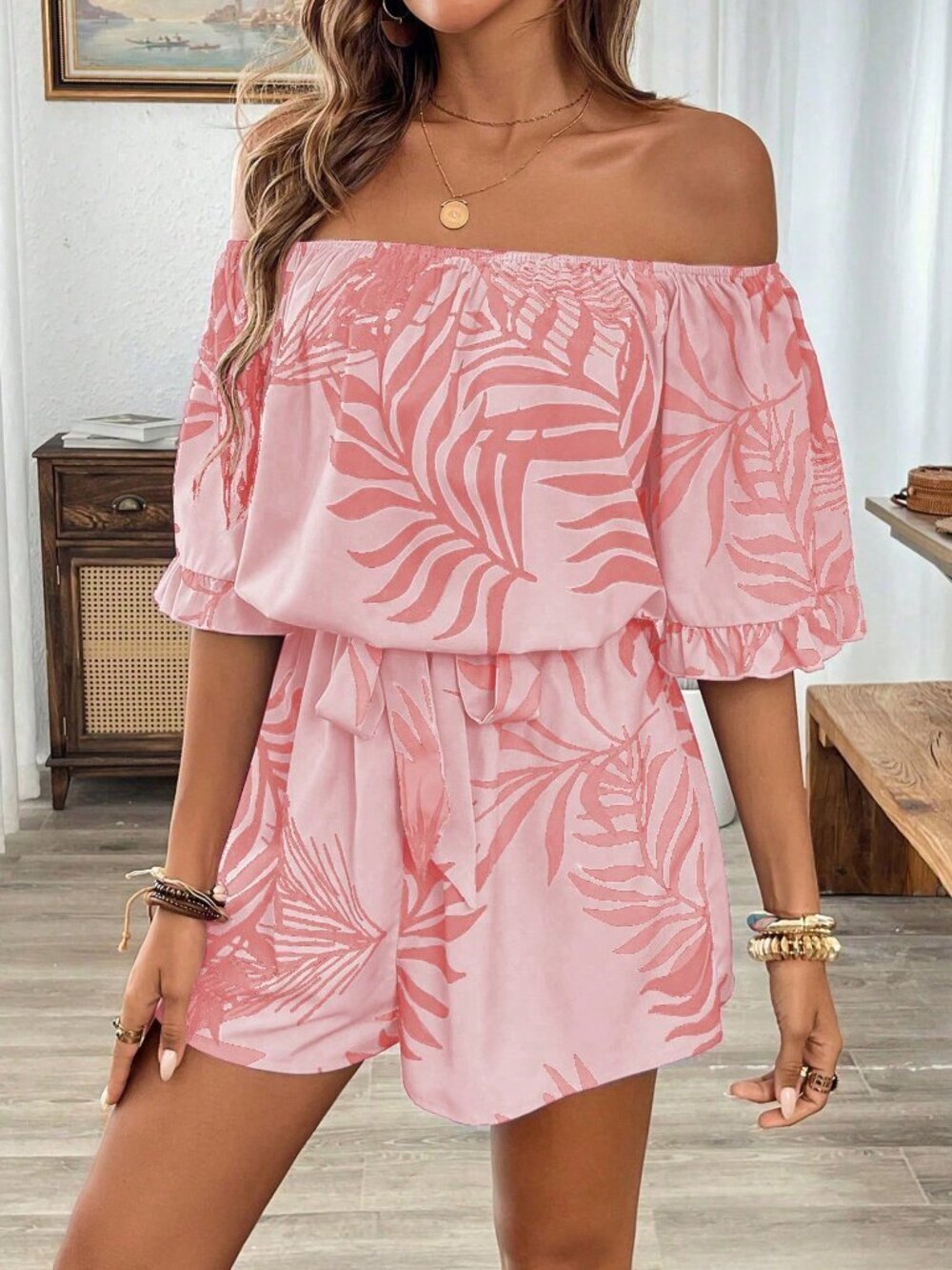 Pink Casual Women's Hawaiian Style Ruffled Off Shoulder Romper - Picture 5 of 6